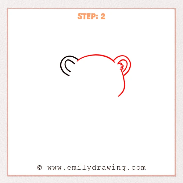 how to draw a cheetah - Cheetah head outline beginning to form, with the rounded top connected and a right ear with inner ear curves added.