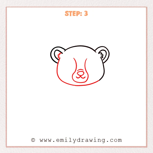 how to draw a cheetah - Cheetah head sketch completed with a rounded chin, a small oval nose and smiling mouth, a muzzle outline, and two long facial marking guide lines.