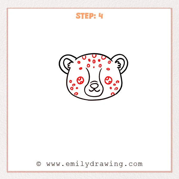 how to draw a cheetah - Cheetah face drawing with big round eyes and scattered oval spots added across the forehead and cheeks.