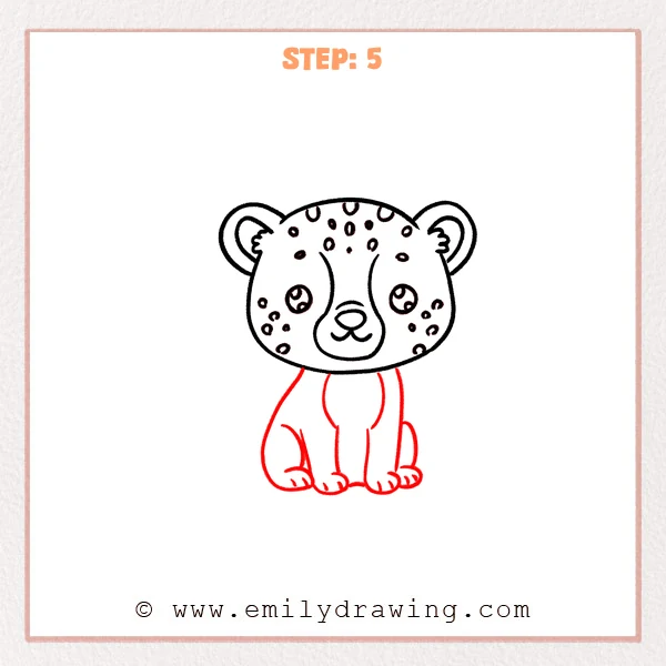 how to draw a cheetah - Cute cheetah drawing with a completed spotted head and a new sitting body below it, including front legs, side back legs, and simple paw toes.