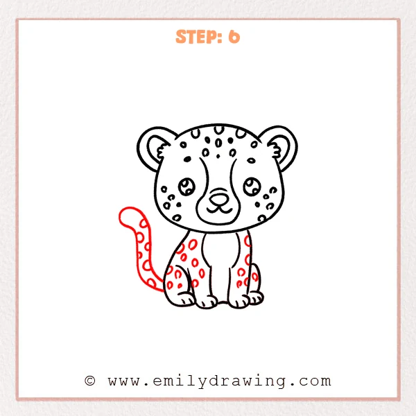 how to draw a cheetah - Cute cheetah drawing with an added curved tail on the left and new spots placed on the body and tail.