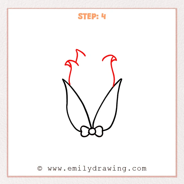 how to draw a corn - The corn drawing now includes two upward curved strands with small curled tips, suggesting corn silk above the husk leaves and bow.