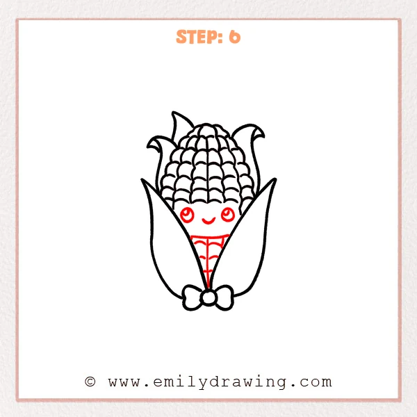 how to draw a corn - A cute corn drawing with open husks and a bow, now showing big shiny eyes, a small smile, and added kernel lines on the lower cob.