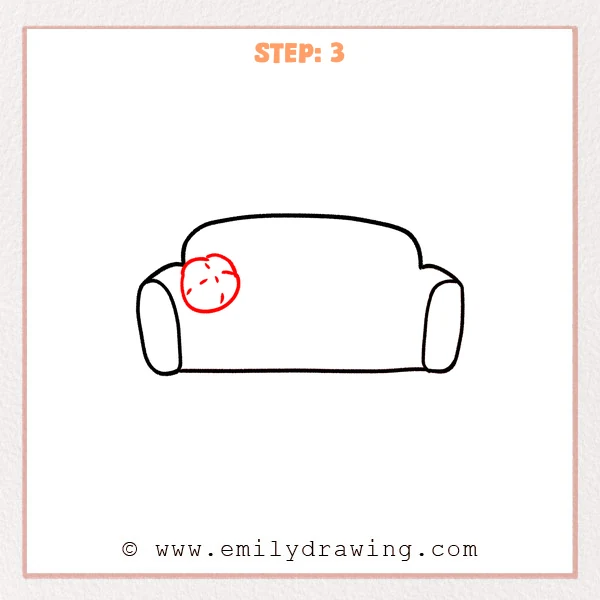 how to draw a couch - Couch outline with a round pillow added on the left side, including small curved tuft marks.