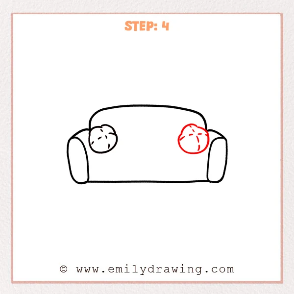 how to draw a couch - Couch drawing with a second round pillow added on the right, including small tuft marks to match the left pillow.