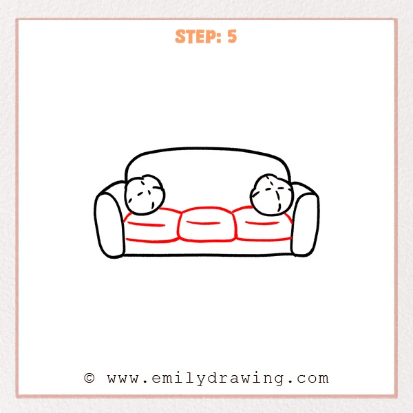 how to draw a couch - Couch drawing with three rounded seat cushions added, including small curved indent lines on each cushion.