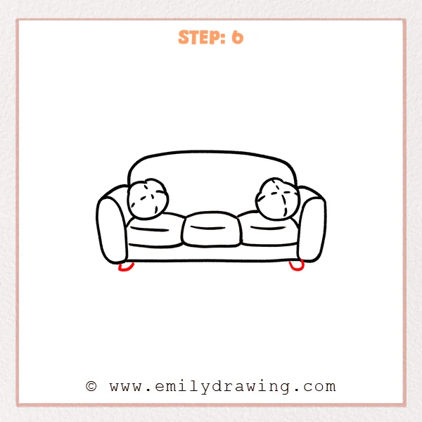 how to draw a couch - Couch drawing with two small rounded feet added beneath the base near the left and right ends.