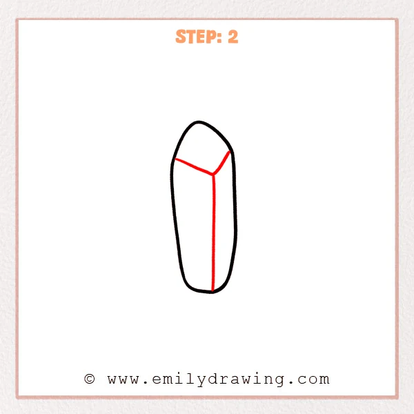 how to draw a crystals - A tall crystal outline with a Y-shaped facet at the top and one long vertical edge line down the front.