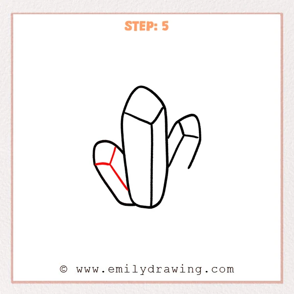 how to draw a crystals - A crystal cluster where the left crystal now has a Y-shaped top facet and a slanted inner edge line for depth.