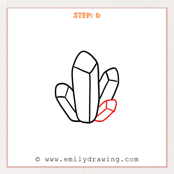 how to draw a crystals - A crystal cluster with a new small sideways crystal added at the bottom right, including a top facet and a short inner edge line.