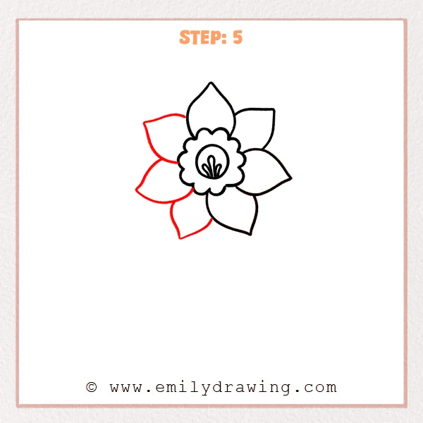 how to draw a daffodil - Daffodil outline with the center and petals completed by adding the upper-left and lower-left petals.