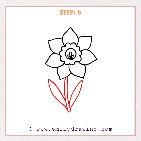 how to draw a daffodil - Completed daffodil outline with a thin stem and two long, narrow leaves spreading left and right.