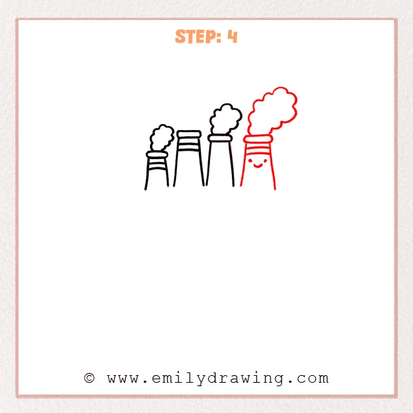how to draw a factory - The fourth stage adds more smoke and a smiling face on the tallest factory chimney.