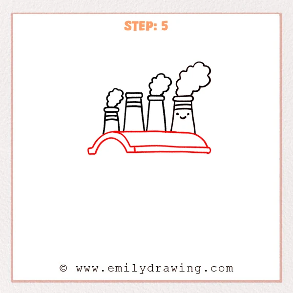 how to draw a factory - The fifth stage adds the long front building and a curved left section under the chimneys.