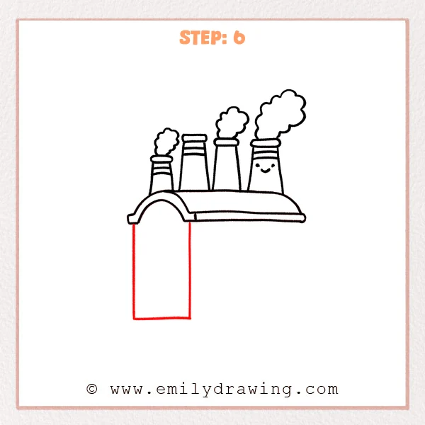 how to draw a factory - The sixth stage adds a tall left wall below the curved part of the factory.