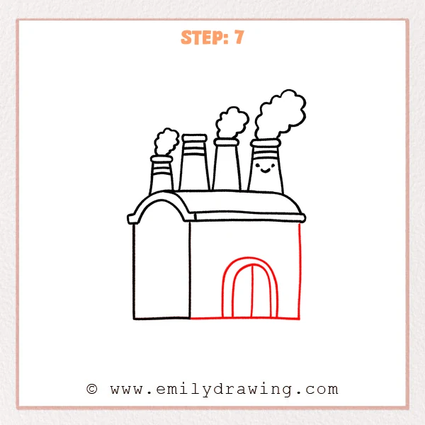 how to draw a factory - The seventh stage adds the right-side building wall and a tall arched factory door.