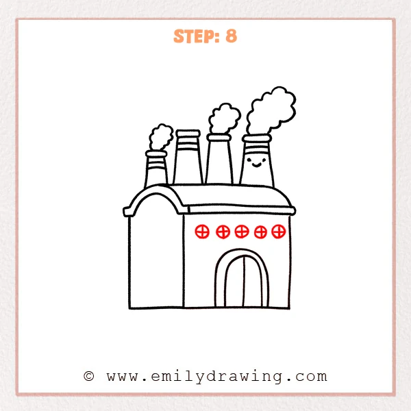 how to draw a factory - The eighth stage adds a row of round windows across the front of the factory.