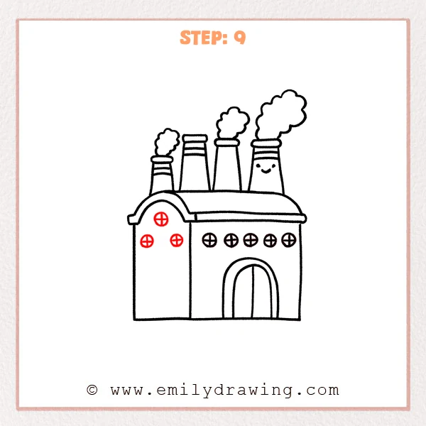 how to draw a factory - The ninth stage adds three round windows to the left side of the factory, completing the front details.