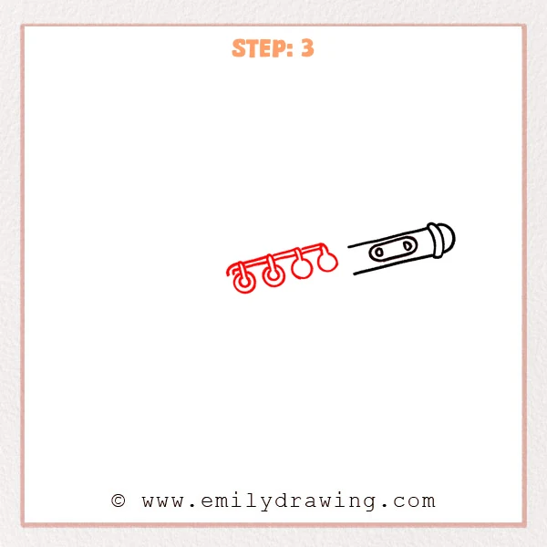how to draw a flute - Flute drawing with the right end finished and a new rod section extending left, holding several round and teardrop-shaped keys.