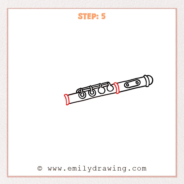 how to draw a flute - Flute drawing with narrow joint rings added at the left end and between the middle and right sections, making the instrument look more complete.