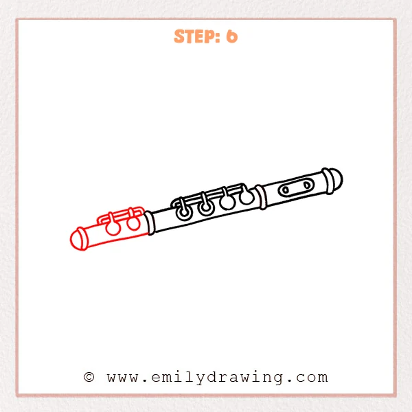 how to draw a flute - Flute drawing with a rounded left end added and a small new key group with two round keys on the upper left section.