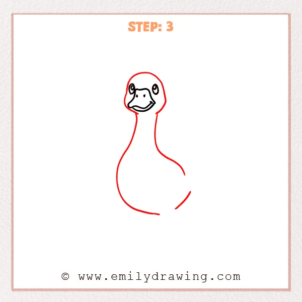 how to draw a goose - Third stage of a goose drawing with a long neck and a large rounded body added beneath the head.