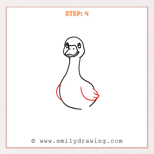 how to draw a goose - Fourth stage of a goose drawing with small wings added to both sides of the rounded body, with feather lines on the right wing.