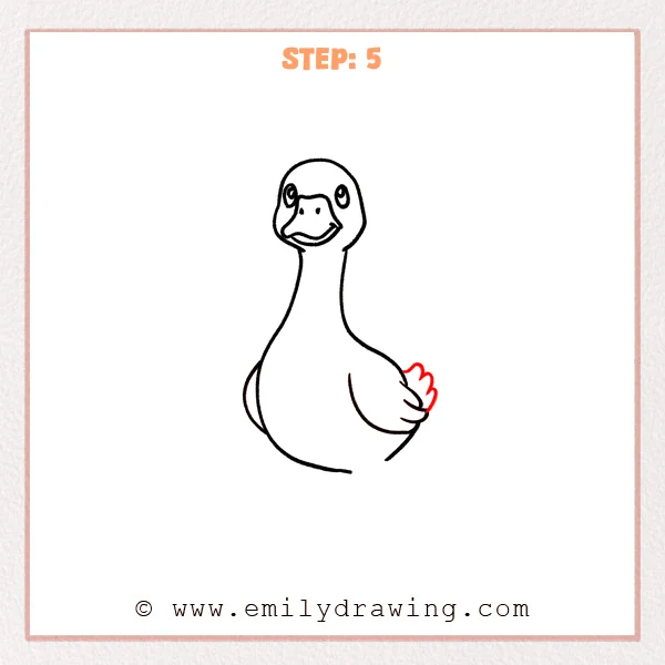 how to draw a goose - Fifth stage of a goose drawing with a small rounded tail added behind the right wing at the back of the body.
