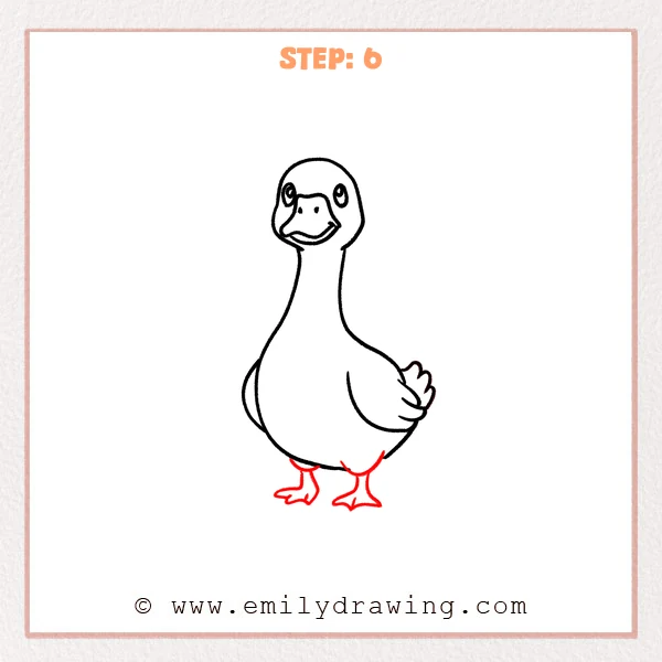how to draw a goose - Sixth stage of a goose drawing with two short legs and webbed feet added beneath the body.