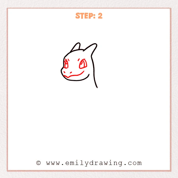 how to draw a charizard - Charizard head sketch with added large eyes, small eyebrow marks, two nostrils on the snout, and a clearer smiling mouth line.