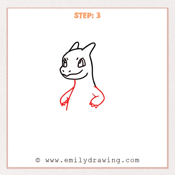 how to draw a charizard - Charizard drawing with a neck leading into a simple upper body shape, plus two small curved arms and tiny clawed hands.