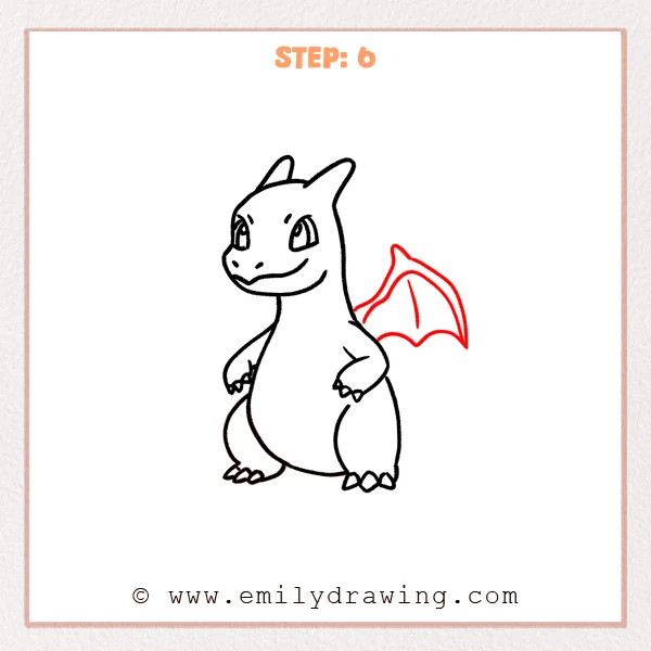 how to draw a charizard - Charizard body sketch with one bat-like wing added behind the shoulder, including curved edges and simple inner membrane lines.
