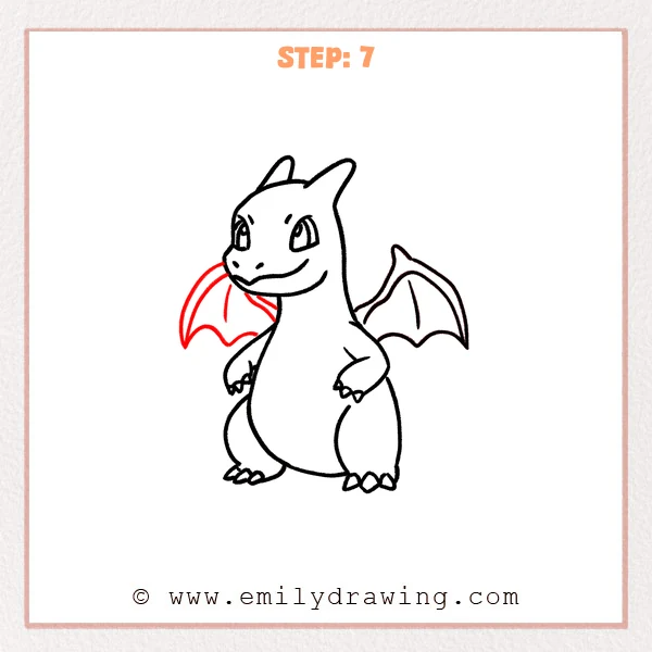 how to draw a charizard - Charizard drawing with a second wing added behind the head, creating a balanced pair of wings with simple membrane lines.