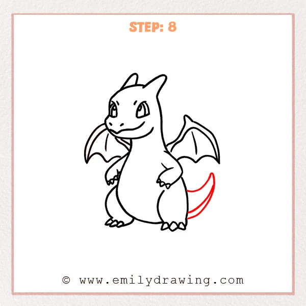 how to draw a charizard - Charizard sketch with a long, curved tail added behind the body, tapering to an upward-curling tip.