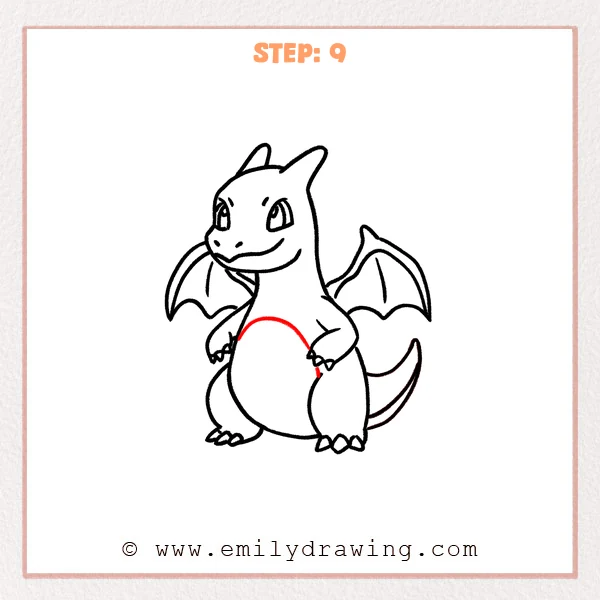 how to draw a charizard - Charizard sketch with a large curved belly patch outline added on the front of the torso.