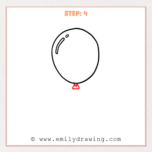 how to draw a balloon - Step 4 adds a small tied knot at the bottom of the balloon with a few short fold lines.
