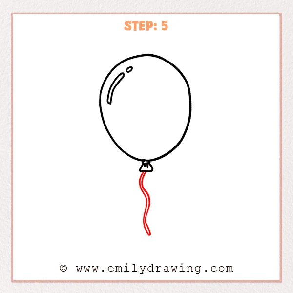 how to draw a balloon - Step 5 adds a long wavy double-line string hanging from the balloon knot, extending downward.