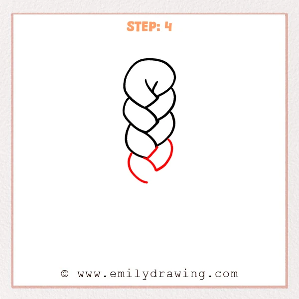 how to draw a braid - Step 4 of how to draw a braid, completing the next lower teardrop-shaped braid link and adding the right-side outer curve to show a clear woven overlap.