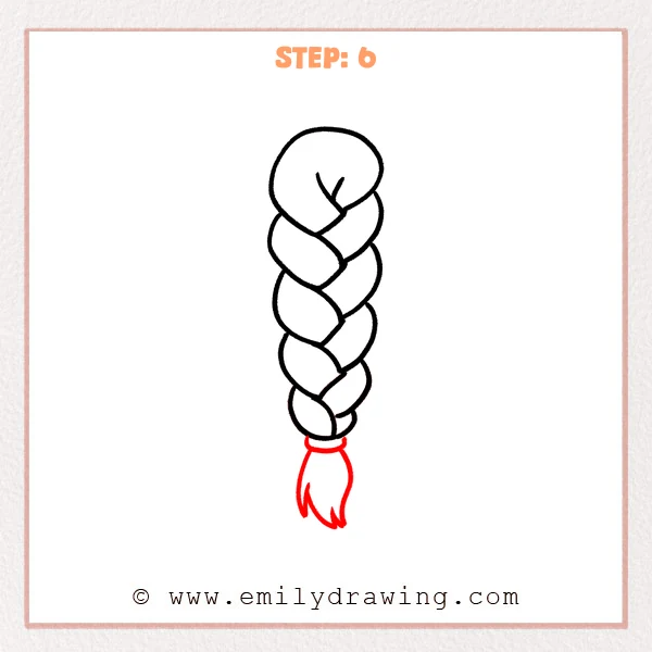 how to draw a braid - Step 6 of how to draw a braid, adding a small hair tie band at the bottom and drawing a short loose hair tail with a few pointed tips.