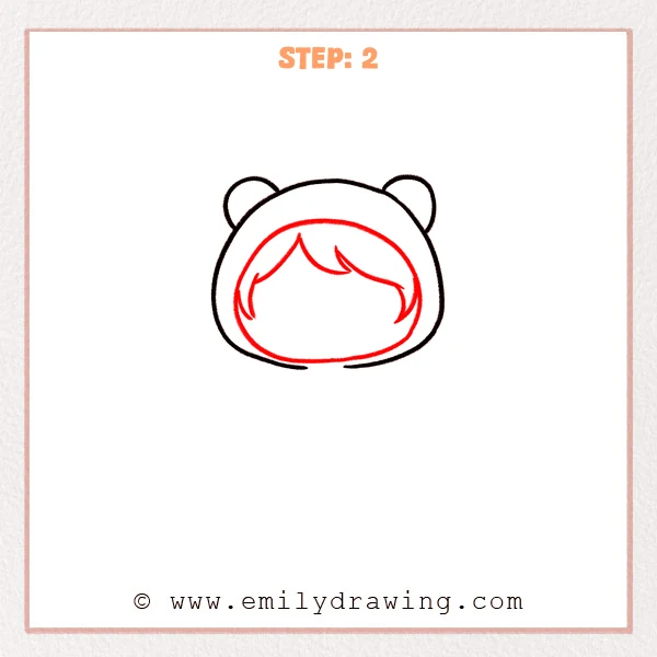 how to draw a chibi - A chibi character head now has a bear-hood outer outline, an inner face opening oval, and simple bangs drawn inside the hood.