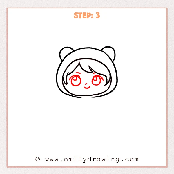 how to draw a chibi - A chibi character in a bear hood now has large shiny eyes, simple eyebrows, a tiny nose, and a small smiling mouth added to the face.
