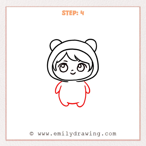 how to draw a chibi - A chibi character in a bear hood now has a simple rounded body with tiny arms and two small feet added beneath the head.