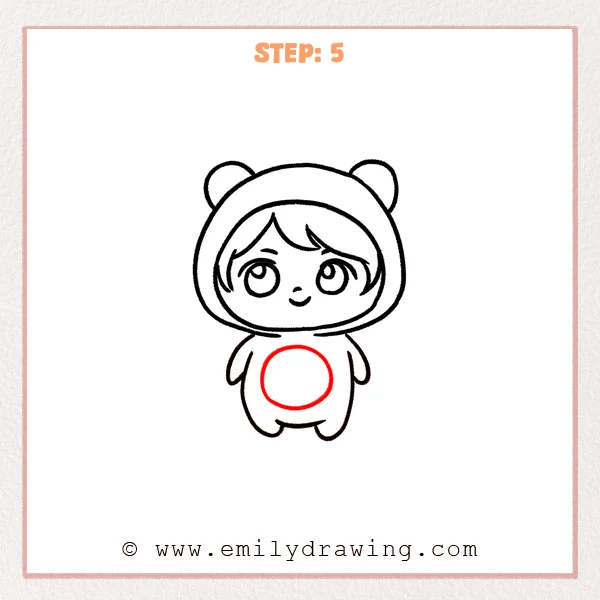 how to draw a chibi - A chibi bear-hood character now has a big centered belly circle added on the rounded body.