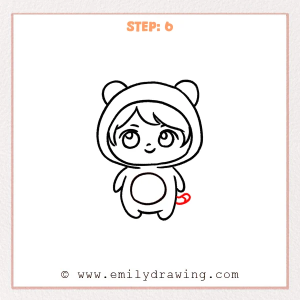 how to draw a chibi - A chibi character in a bear hood now has a small curved tail added on the right side of the rounded body.