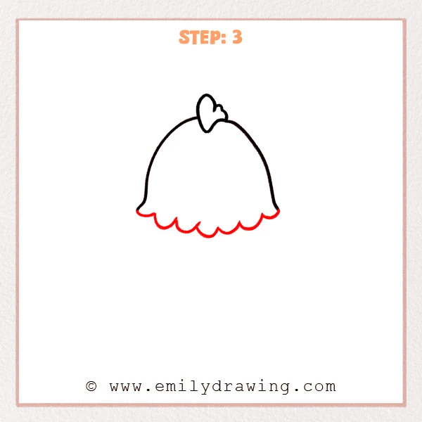 how to draw a chicken - The chicken head outline now has a fluffy scalloped feather edge added along the bottom, with small rounded feather bumps on the sides.