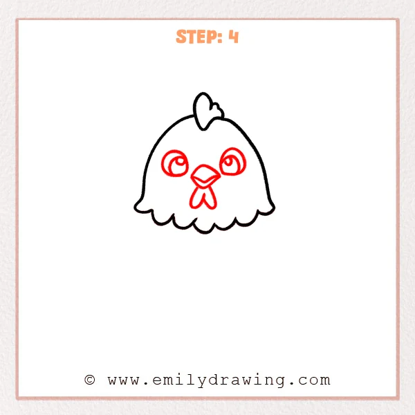 how to draw a chicken - The chicken drawing now includes large cartoon eyes, a diamond-shaped beak, and a two-lobed wattle on the face.