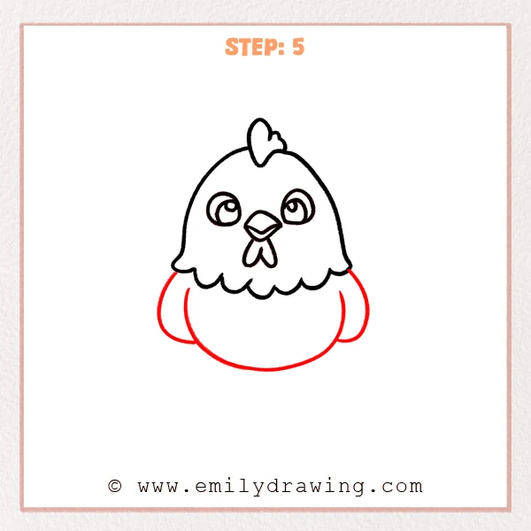 how to draw a chicken - The chicken drawing now includes a large rounded body beneath the head, with small side wings on both sides.