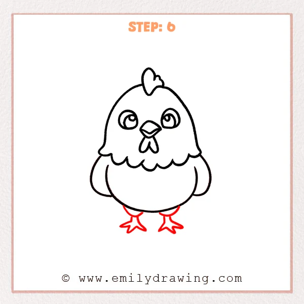 how to draw a chicken - The chicken drawing now includes two short legs and simple three-toe feet added beneath the round body.