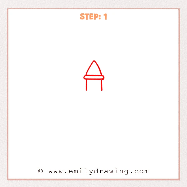 how to draw a church - Step 1 of how to draw a church—simple pointed steeple roof triangle with a rounded band below and two short wall lines.