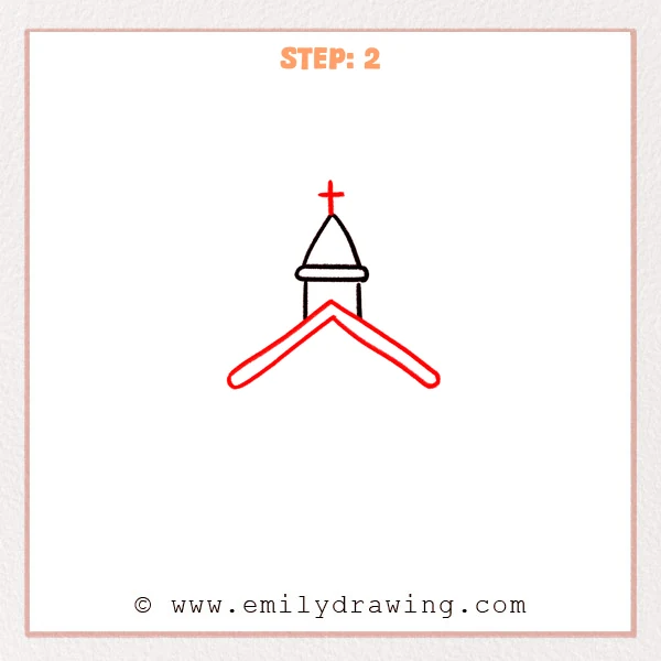 how to draw a church - Step 2 of how to draw a church—adds a cross on the steeple and a wide front gable roof with a thicker roof edge.